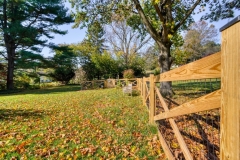Wood crossbuck fence with wire mesh in backyard