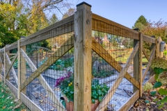 Wood crossbuck fence with wire mesh around a garden