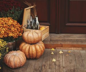 Fall decorations on a pressure treated wood deck
